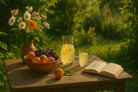 A pitcher of lemonade with fresh fruits and flowers on a wooden table, surrounded by greenery, creating a serene outdoor atmosphereの素材