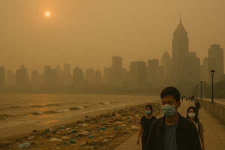 People wearing masks stroll along a beach with a hazy skyline and sunset, highlighting urban life and environmental concernsの素材
