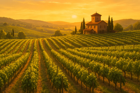 Expansive vineyard landscape features rows of grapevines under a warm sunset, with a charming farmhouse nestled among hillsの素材