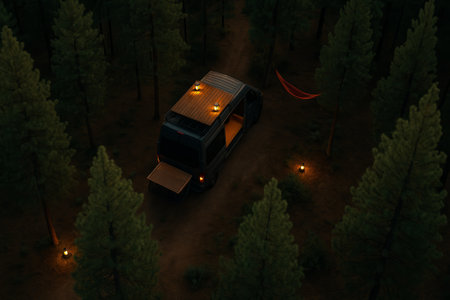 A van is parked along a forest path, illuminated by lanterns, with a hammock nearby, creating a tranquil outdoor atmosphereの素材