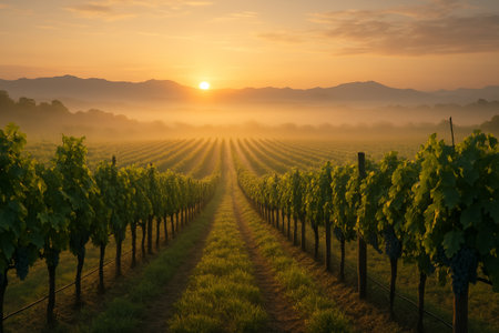 Expansive vineyard landscape bathed in warm sunrise light, with mist rising over rows of grapevines and distant hills creating a serene atmosphereの素材