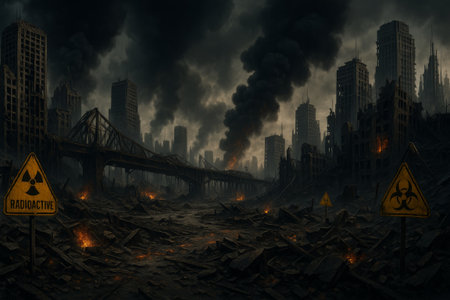 Desolate urban landscape featuring crumbling structures, dark smoke rising, and warning signs indicating danger and devastationの素材