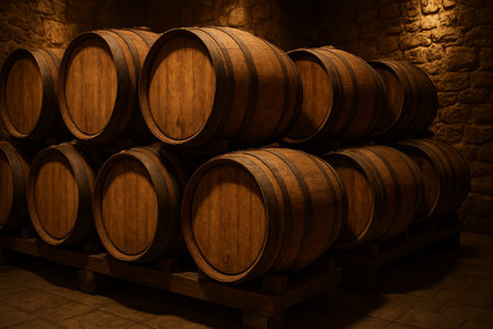 Stacked wooden barrels in a cozy cellar, illuminated by soft lighting, highlighting textures and craftsmanship of the barrelsの素材