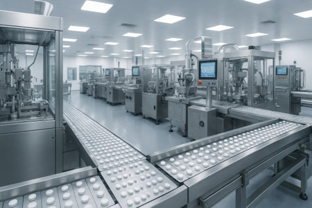 Advanced pharmaceutical production facility featuring modern machinery, clean surfaces, and organized workflow for efficient operationsの素材