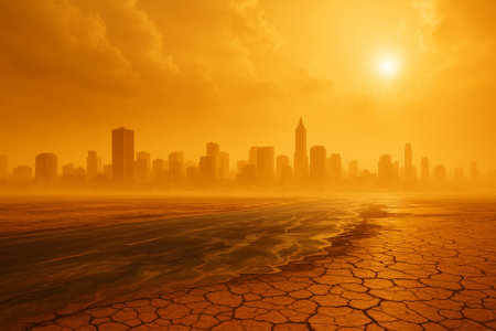 Urban skyline is silhouetted against a vibrant orange sky, with cracked earth in the foreground, creating a dramatic hot weather sceneの素材