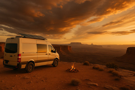 Vehicle parked at sunset beside a campfire, showcasing a vast desert landscape with dramatic clouds and warm colorsの素材
