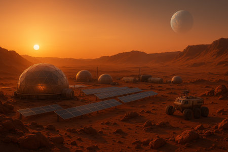Martian settlement features geodesic domes and solar panels, set against a stunning sunset and distant planets, showcasing extraterrestrial lifeの素材