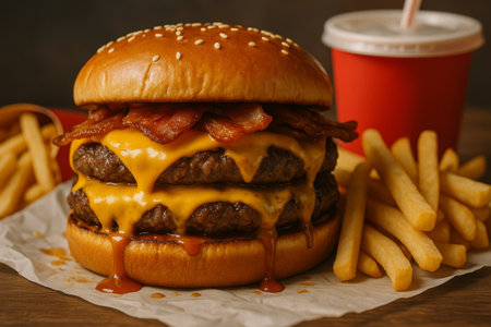 Delicious cheeseburger stacked with crispy bacon and melted cheese, served with golden fries on a rustic wooden surfaceの素材
