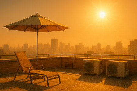 Lounge chair with umbrella sits on rooftop, basking in bright sunlight, surrounded by hazy urban skyline and air conditioning unitsの素材