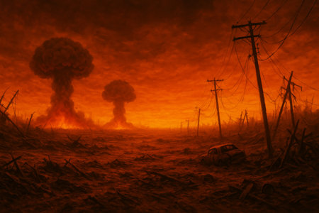 Dramatic apocalyptic scene featuring nuclear explosions, barren ground, and a haunting orange sky, evoking a sense of destruction and despairの素材
