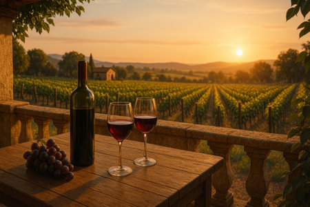 Wine bottle and two glasses are placed on a wooden table, with a stunning vineyard view at sunset, creating a serene atmosphereの素材