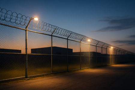 Chain link fence topped with barbed wire, illuminated by streetlights, casting shadows on the ground, creating a moody and dramatic sceneの素材