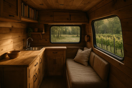 Wooden camper van interior features a cozy seating area, kitchen space, and large windows showcasing lush greenery outsideの素材