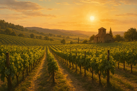 Expansive vineyard scene at sunset, featuring vibrant grapevines, rolling hills, and a charming rustic building, creating a serene atmosphereの素材