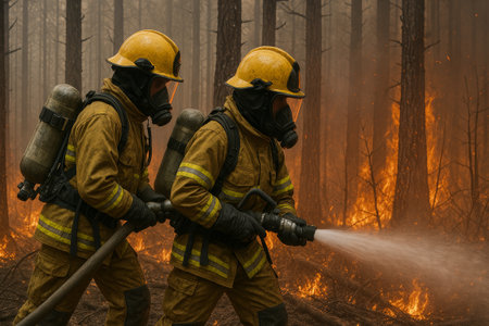 Two firefighters are actively combating wildfires in a forest, demonstrating teamwork and courage amidst smoke and flamesの素材