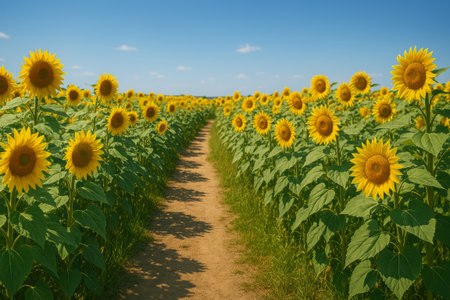 Vibrant sunflowers line a dirt path, creating a picturesque scene under a bright blue sky, inviting exploration and tranquilityの素材