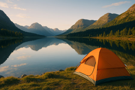 Bright orange tent sits by tranquil lake reflecting mountains, creating a peaceful outdoor scene with natural beautyの素材