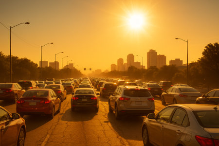 Vehicles are stuck in traffic under a warm sunset, showcasing a busy urban scene with a hazy atmosphereの素材
