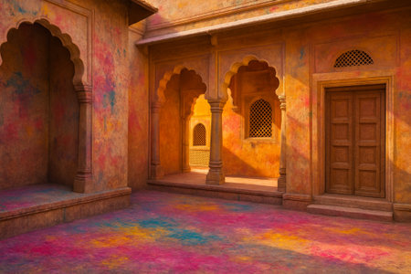 Courtyard features vivid colors on walls and floor, highlighting traditional architecture and inviting atmosphereの素材