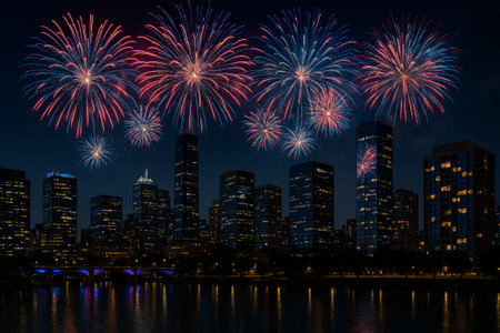 Vibrant fireworks burst over a city skyline at night, reflecting on water, creating a festive atmosphere for independence day celebrationsの素材