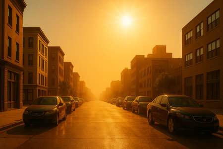 Urban street scene features parked cars along buildings, illuminated by bright sun, creating a warm weather ambianceの素材