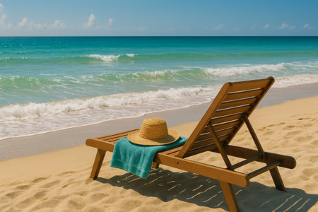 A wooden lounge chair is positioned on sandy beach, adorned with a straw hat and towel, overlooking the tranquil turquoise ocean wavesの素材