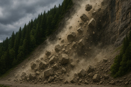 Large boulders tumbling down a steep slope, creating dust clouds, with a backdrop of lush green trees and dramatic skyの素材
