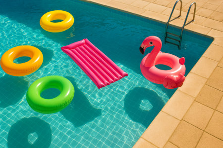 Vibrant inflatable toys including a flamingo and rings, are floating in a sparkling pool, creating a fun summer atmosphereの素材