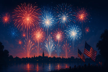 Vibrant fireworks burst in the night sky, reflecting on water, creating a festive atmosphere for a joyful celebrationの素材