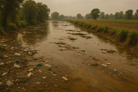 Contaminated river filled with plastic waste and debris, bordered by green trees and fields, highlighting environmental issuesの素材
