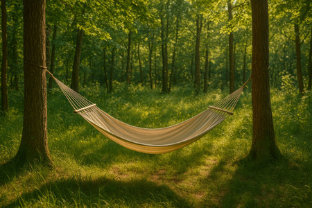 A hammock is gently swaying between two trees in a tranquil forest, surrounded by lush greenery and soft sunlight creating a peaceful atmosphereの素材