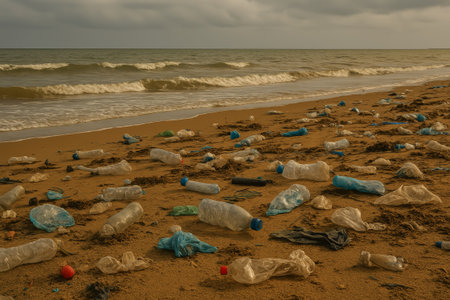 Plastic debris littering sandy beach, with ocean waves gently rolling in and a cloudy sky creating a somber atmosphereの素材