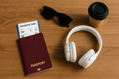 Travel essentials arranged on wooden table featuring passport, boarding pass, headphones, sunglasses, and coffee cup, ready for adventureの素材