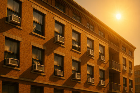 Exterior view of an apartment building featuring multiple air conditioning units, basking in the bright sun, showcasing summer heat and urban livingの素材