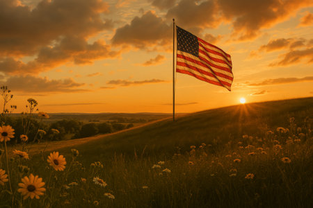 American flag stands tall against a vibrant sunset, surrounded by blooming wildflowers, symbolizing freedom and patriotismの素材