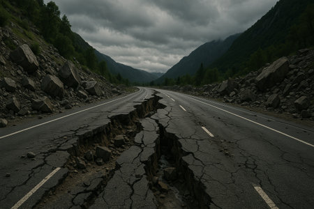 Cracked asphalt road surrounded by landslide debris, with a dramatic cloudy sky and mountains in the background, showcasing natures powerの素材