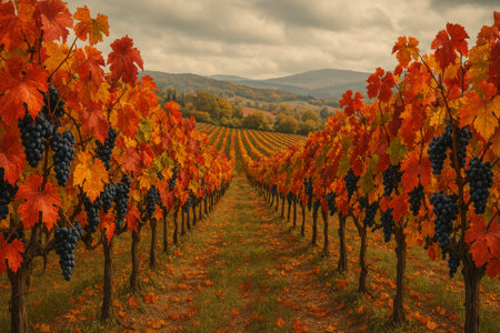Lush vineyard scene showcasing rows of grapevines with colorful autumn leaves and ripe grapes, creating a picturesque rural atmosphereの素材