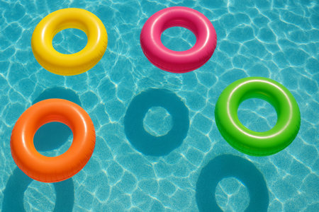 Bright inflatable pool rings in yellow, pink, orange, and green float on clear water, casting playful shadows, evoking summer fun and relaxationの素材