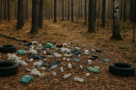 Forest ground covered with plastic waste and discarded tires, highlighting environmental pollution and the need for conservation effortsの素材