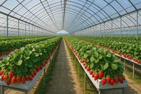 Abundant strawberry plants thrive in a spacious greenhouse, showcasing bright red fruit and lush green foliage, creating a vibrant agricultural sceneの素材