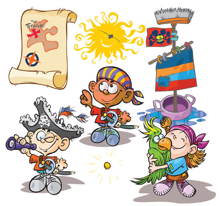 Carton children in pirate costumes and accessories.のイラスト素材