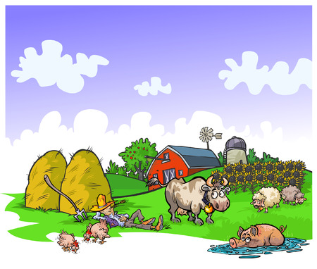 Cartoon illustration of a quiet farm.のイラスト素材