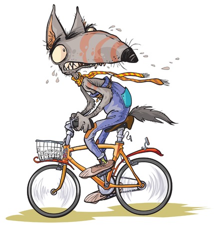 Funny frightened wolf rides a bike.のイラスト素材