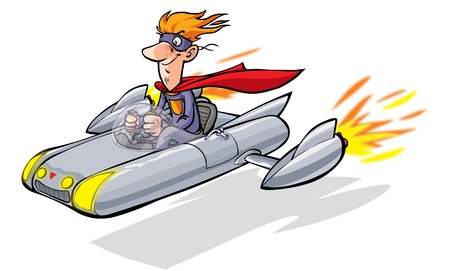 Cartoon hero drives his flying car.のイラスト素材