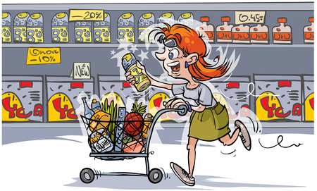 Cartoon Woman in shopping. All commodity in separated layers for easy editing.のイラスト素材