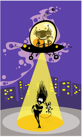 Cartoon UFO abduction of a girl and dog.のイラスト素材