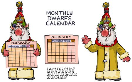 Cartoon dwarf character with monthly calendar panel- two options for week arrangement. all in separated layers for easy editing.のイラスト素材