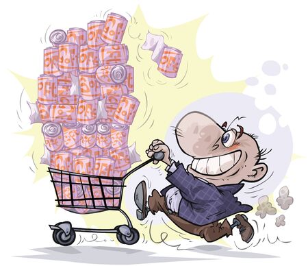 Cartoon man character who was buying a lot of toilet paper. All on separated layers.のイラスト素材