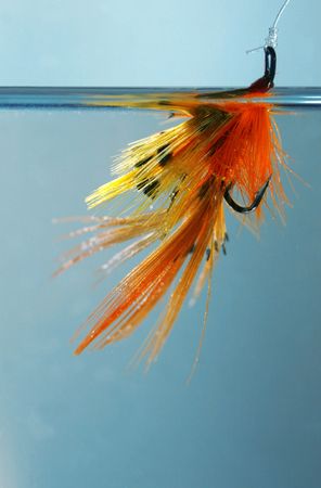 A hand-tied fly in the water waiting for the fishの写真素材