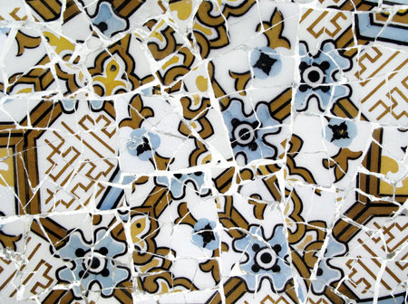 Close-up of Gaudi tiles in Guell Park in Barcelona